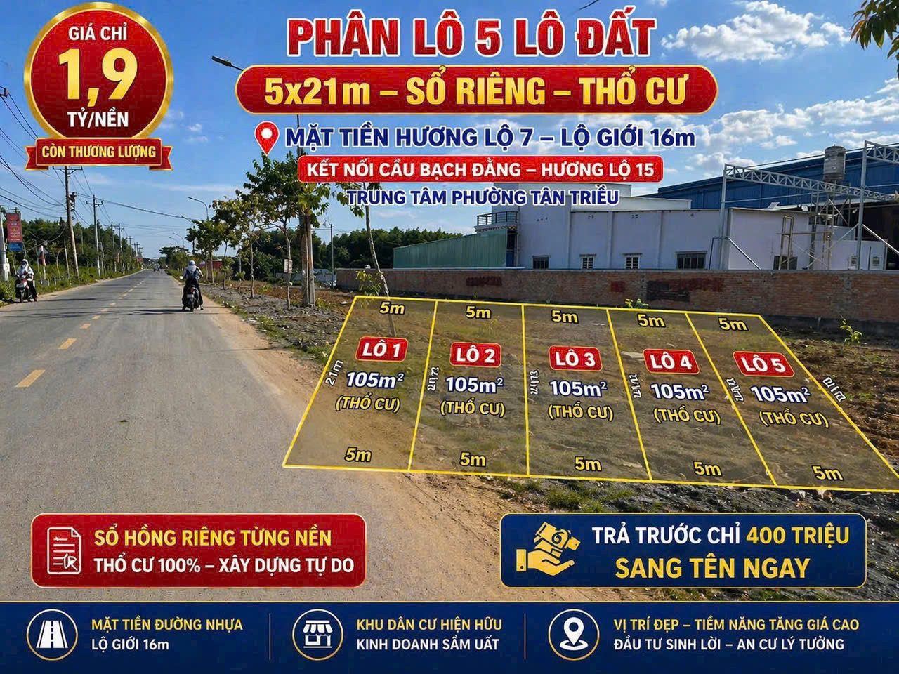 🔥 HOT – 5 NỀN MẶT TIỀN HƯƠNG LỘ 7 💵 Trả trước 400 triệu – sang tên ngay