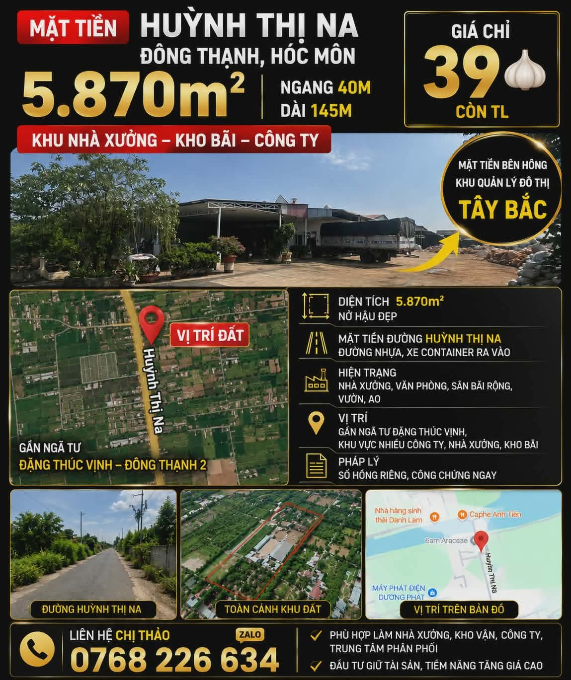 MẶT TIỀN HUỲNH THỊ NA, ĐÔNG THẠNH, HÓC MÔN. 5.870m². 💰39🧄 CÒN TL. 📱0768 226 634