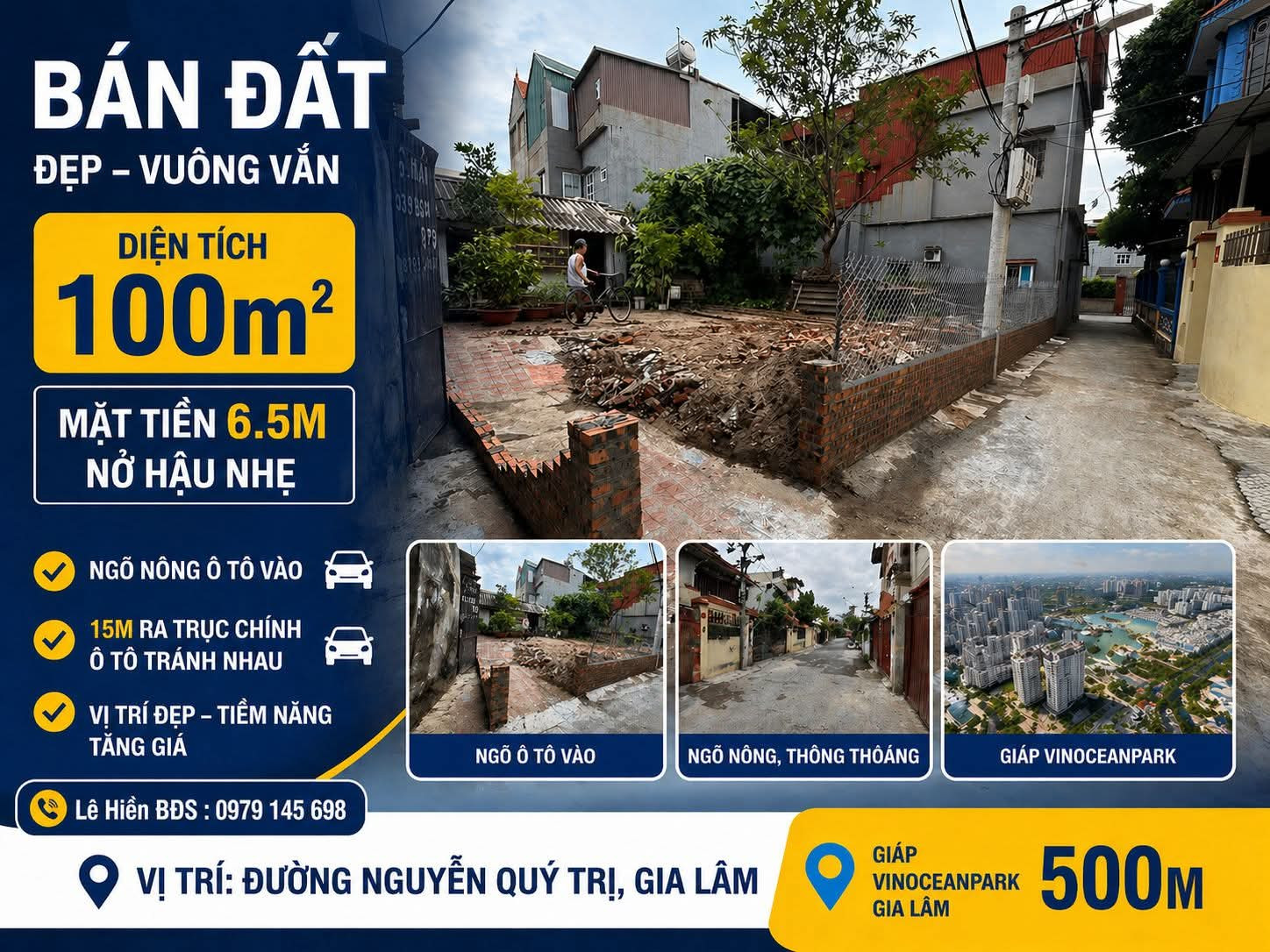 Chủ thiện chí bán 100m2 Mt 6.5m Nguyễn Quý Trị, Kiêu Kỵ. Ngõ 2.5m 1 nhà ra trục chính thôn Kiêu Kỵ
