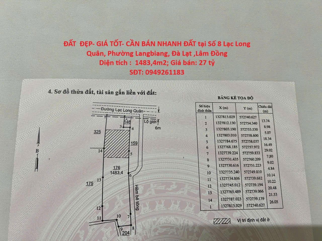 ĐẤT  ĐẸP- GIÁ TỐT- CẦN BÁN NHANH ĐẤT tại Phường Langbiang, Đà Lạt ,Lâm Đồng
