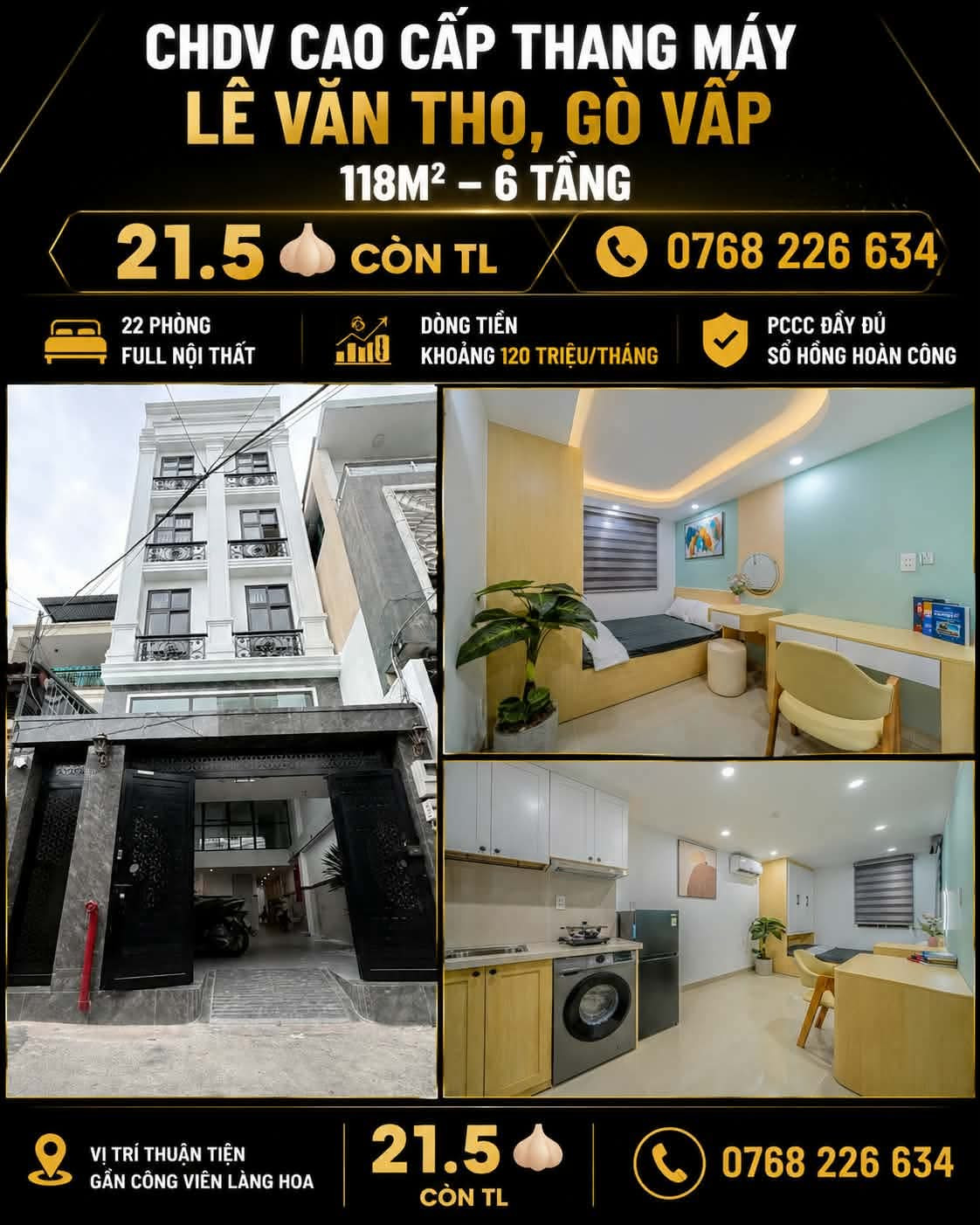 CHDV CAO CẤP THANG MÁY, LÊ VĂN THỌ, GÒ VẤP, GẦN CÔNG VIÊN LÀNG HOA, 118M², 6 TẦNG. 💰21.5🧄 CÒN TL. 📱0768 226 634