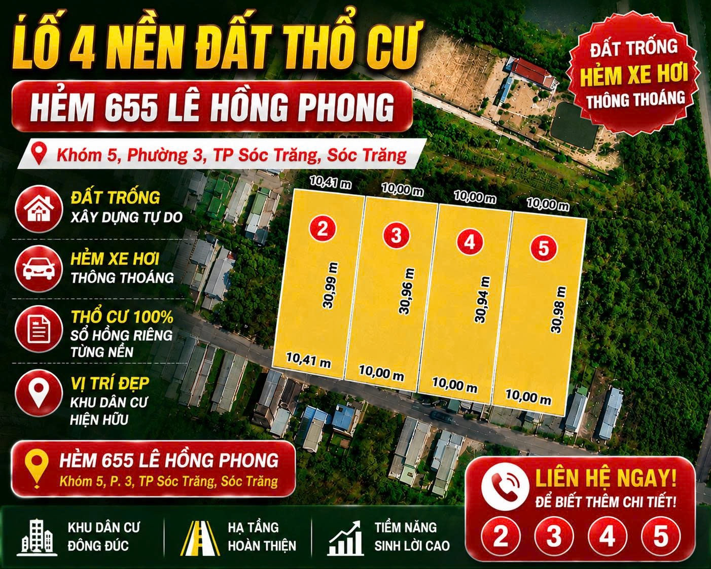 BÁN ĐẤT NỀN HẺM 655 LÊ HỒNG PHONG (TP SÓC TRĂNG)