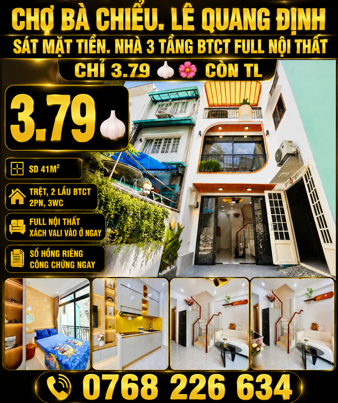 🏩 CHỢ BÀ CHIỂU. LÊ QUANG ĐỊNH. SÁT MẶT TIỀN. NHÀ 3 TẦNG BTCT FULL NỘI THẤT. CHỈ 3.79 🧄 CÒN TL. 📱 0768 226 634

📐 SD 41m².