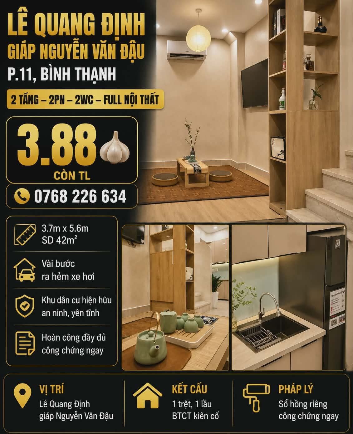 Lê Quang Định giáp Nguyễn Văn Đậu, P.11, Bình Thạnh. Full nội thất. 2T, 2PN, 2WC. 💰3.88🧄 còn TL. 📱0768 226 634