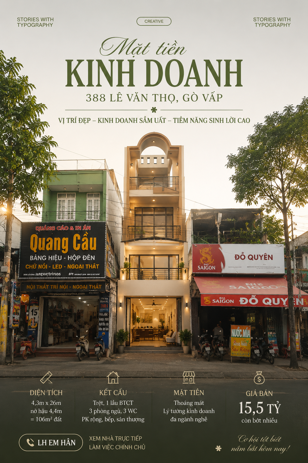 MTKD Lê Văn Thọ P16 4,3x26 CN 106m² Nở hậu 4,4m, 2 lầu BTCT Vị trí kinh doanh giá chỉ 15,5 tỷ TL