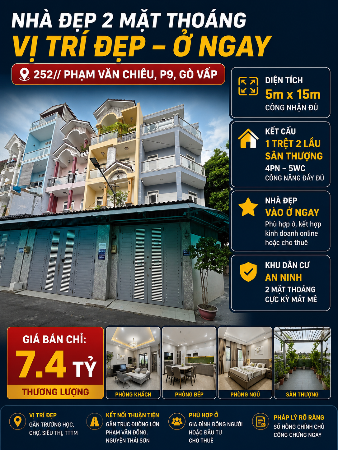 HOT! 2MT HXH P.VĂN CHIÊU P9. 5MX15M X 4TẦNG 5PN 5WC GARA OTO CHỈ 7.4 TỶ TL