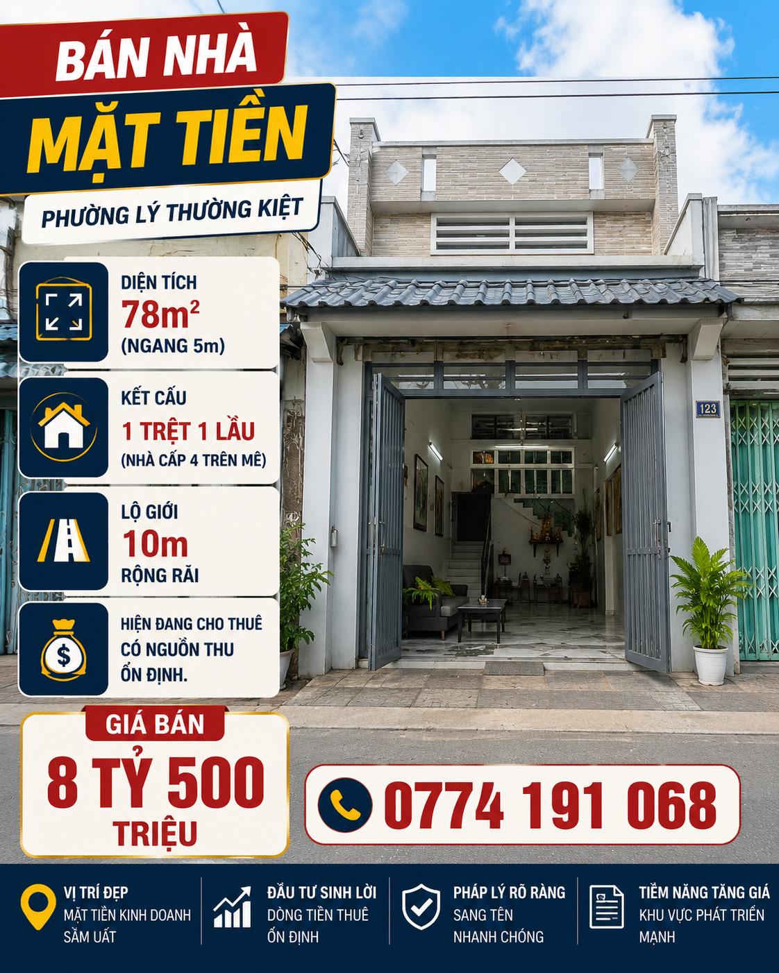 Bán nhà 1 mê mặt tiền đg lê xuân trữ dt 78m2 ngang 5m giá 8ty500 hướng đông nam
