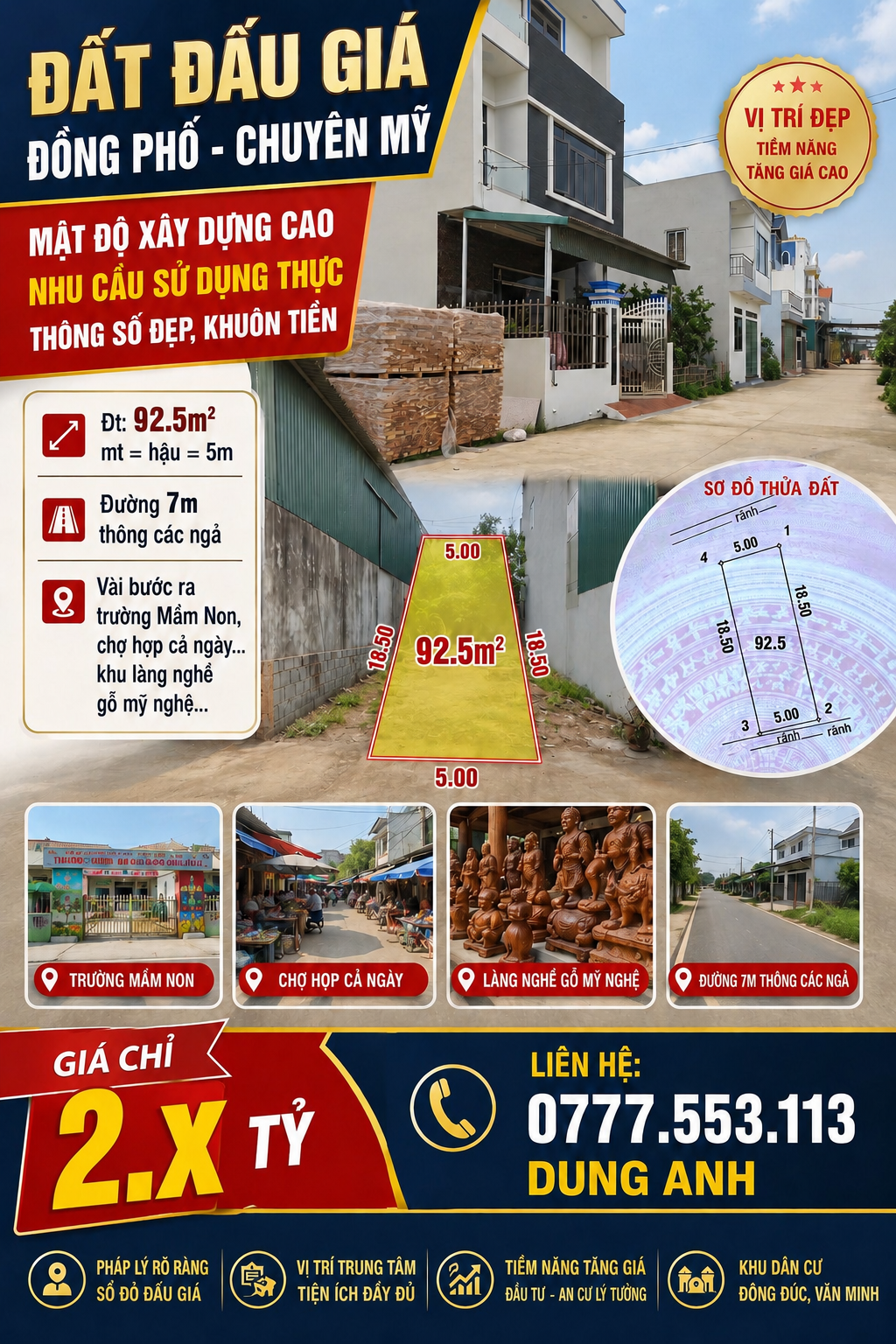 ĐẤU GIÁ CHUYÊN MỸ, MẬT ĐỘ XÂY DỰNG CAO, NHU CẦU Ở THỰC, DT 92.5M, ĐƯỜNG 7M THÔNG, 2.7TỶ