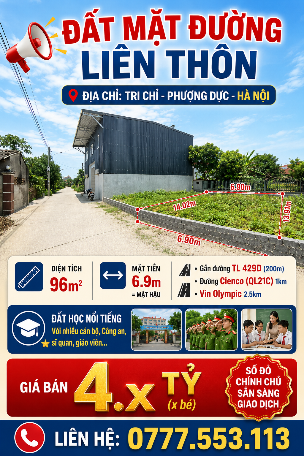 SIÊU ĐẸP, GIÁ TỐT. ĐẤT MẶT ĐƯỜNG LIÊN THÔN Ở PHƯỢNG DỰC -HN. GẦN VIN OLYMPIC. DÂN VĂN MINH HÒA ĐỒNG