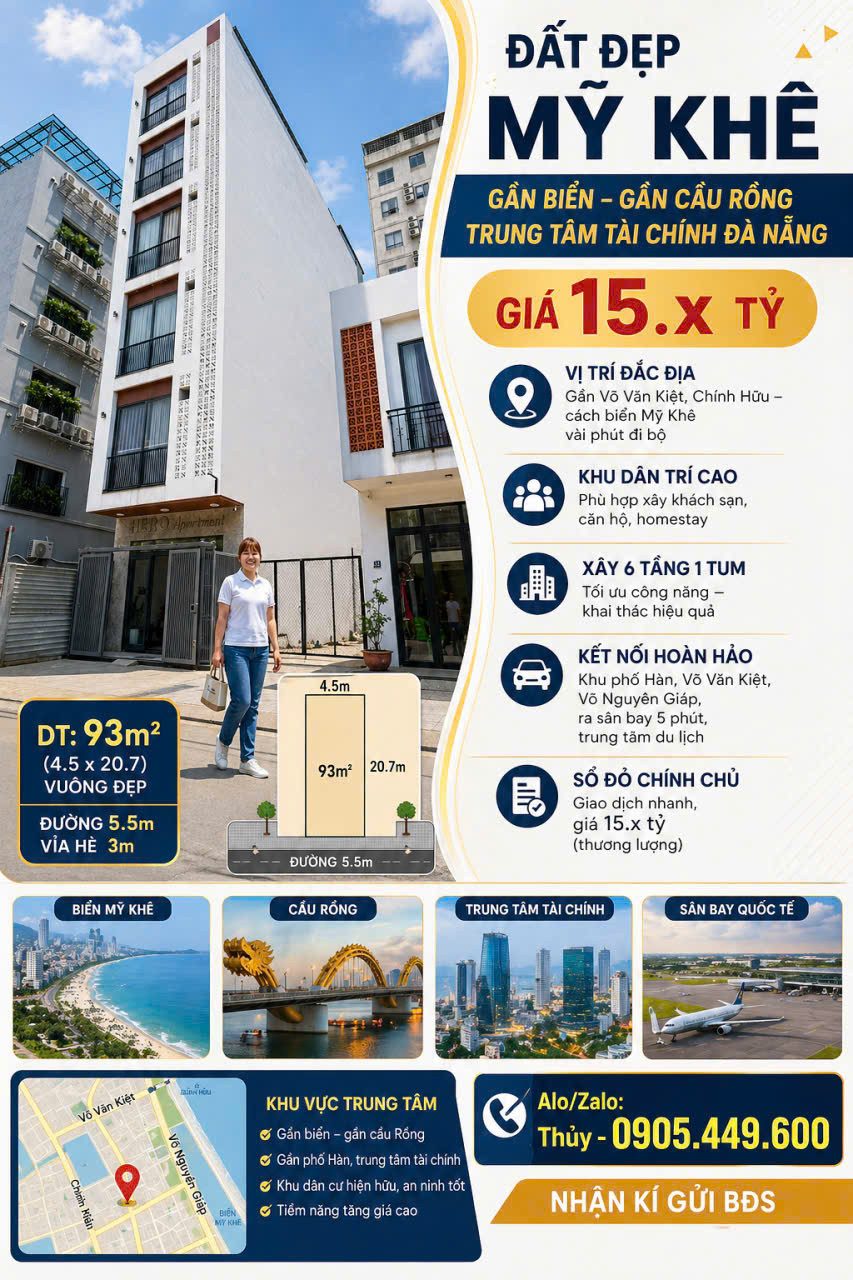 BÁN ĐẤT BIỂN MỸ KHÊ-ĐÀ NẴNG-93M2 GIÁ 15.8 TỶ-MẶT TIỀN ĐƯỜNG 5M5 VỈA HÈ 3M