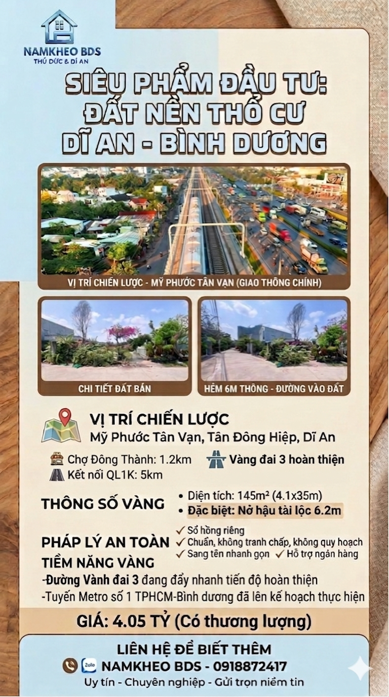TÍCH SẢN LÔ ĐẤT - ĐÓN ĐẦU HẠ TẦNG METRO VÀ VÀNH ĐAI 3- TÂN ĐÔNG HIỆP DĨ AN 145M2 GIÁ 4.05 TỶ