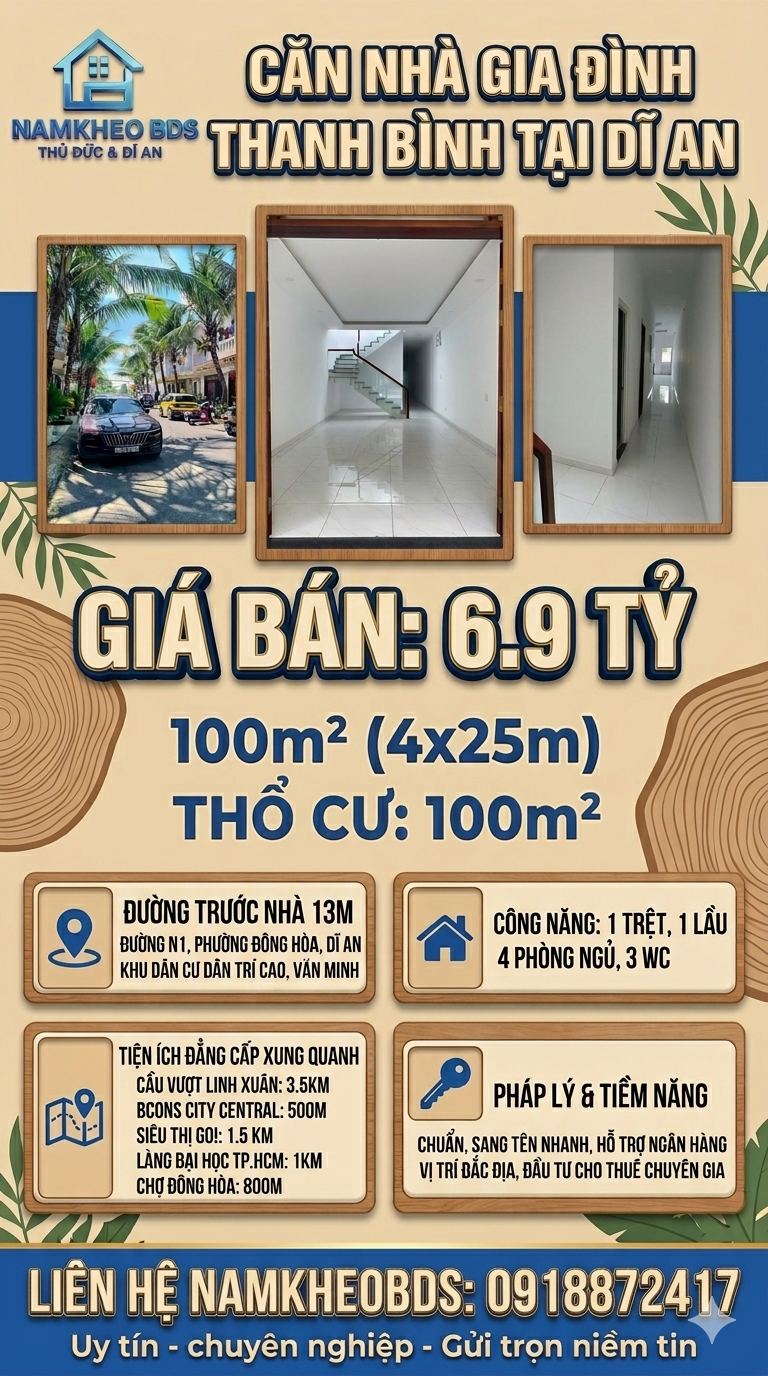 KHÔNG CĂN THỨ 2! NHÀ ĐẸP LUNG LINH ĐÔNG HÒA DĨ AN, 100M2, 1 TRỆT 1 LẦU, 4PN, CHỈ 6.9 TỶ