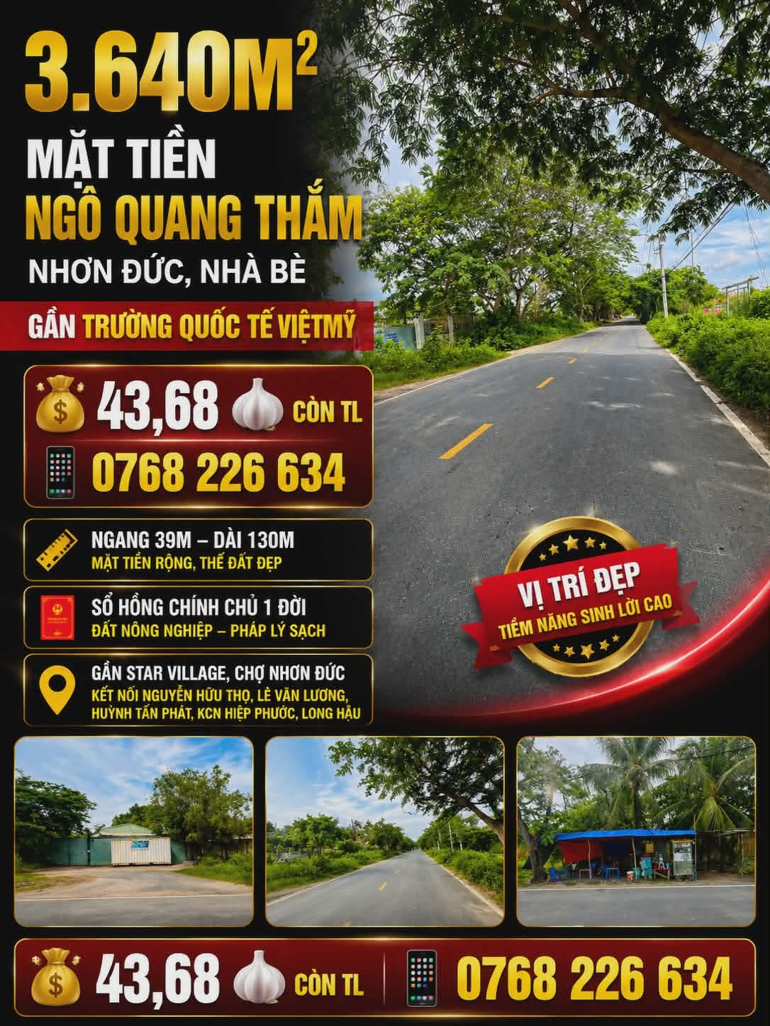 🏡 3.640m² mặt tiền Ngô Quang Thắm, Nhơn Đức, Nhà Bè. Gần trường Quốc tế Việt Mỹ.
💰 43,68 🧄 Còn TL. 📱 0768 226 634
