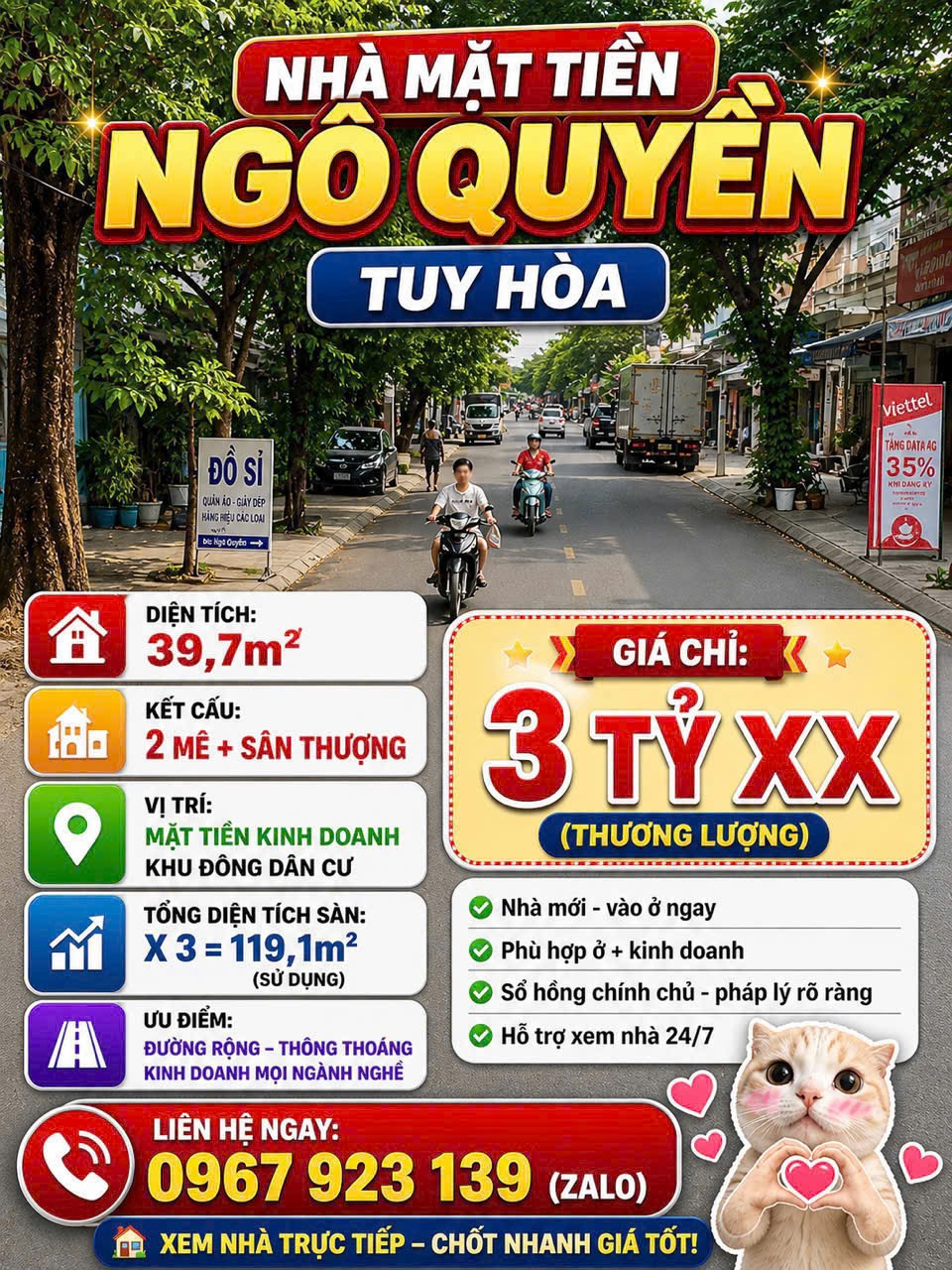 🔥 NHÀ MẶT TIỀN NGÔ QUYỀN – TUY HÒA 🔥

📍 Vị trí đẹp – khu đông dân, kinh doanh cực tốt

🏠 Diện tích: 39,7m²
📐 Tổng sàn: ~119m² sử dụng
🏗️ Kết cấu: 2 mê + sân thượng

🚗 Mặt tiền đường lớn – lưu lượng qua lại đông
💼 Phù hợp: mở tiệm tóc, spa, kinh d
