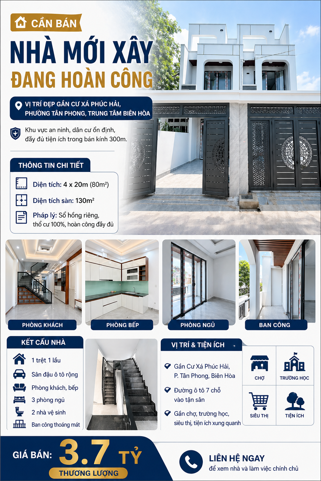 Bán nhà phường Tân Phong Biên Hòa, 1 trệt 1 lầu ,3PN, sân xe hơi, DTS130m2, gần Phúc Hải