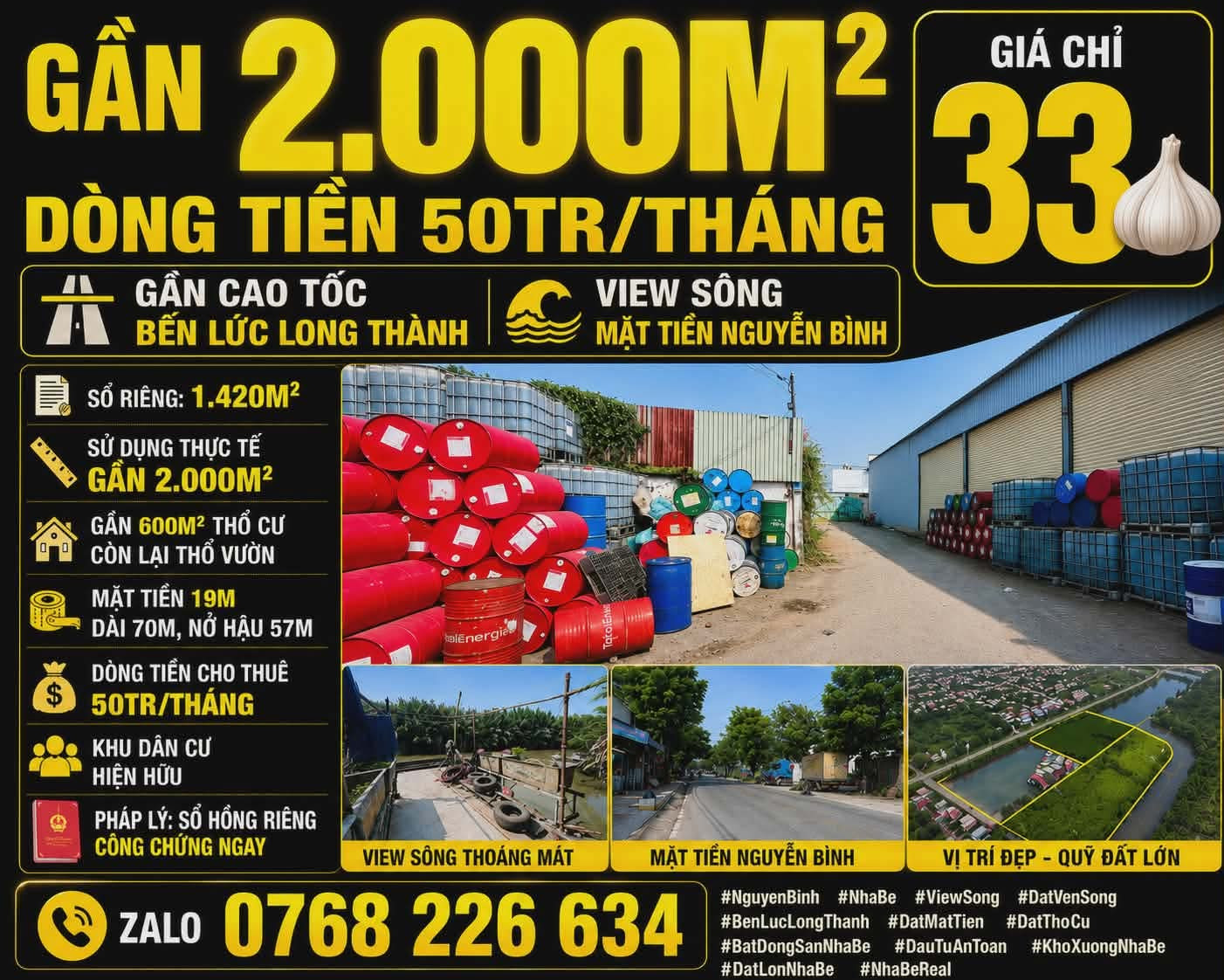 🔥 GẦN 2.000M² THỰC TẾ, VIEW SÔNG NGUYỄN BÌNH, DÒNG TIỀN 50TR/THÁNG, GẦN CAO TỐC BẾN LỨC LONG THÀNH 💰33🧄

📱 Zalo 0768 226 634