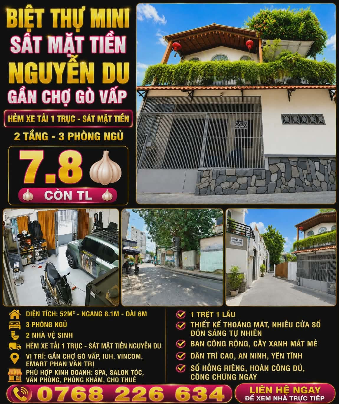 BIỆT THỰ MINI SÁT MẶT TIỀN NGUYỄN DU, GẦN CHỢ GÒ VẤP. 52M². 3PN. 💰 7.8 🧄 CÒN TL. 📱 0768 226 634
💰 7.8 🧄 CÒN TL
📱 0768 226 634