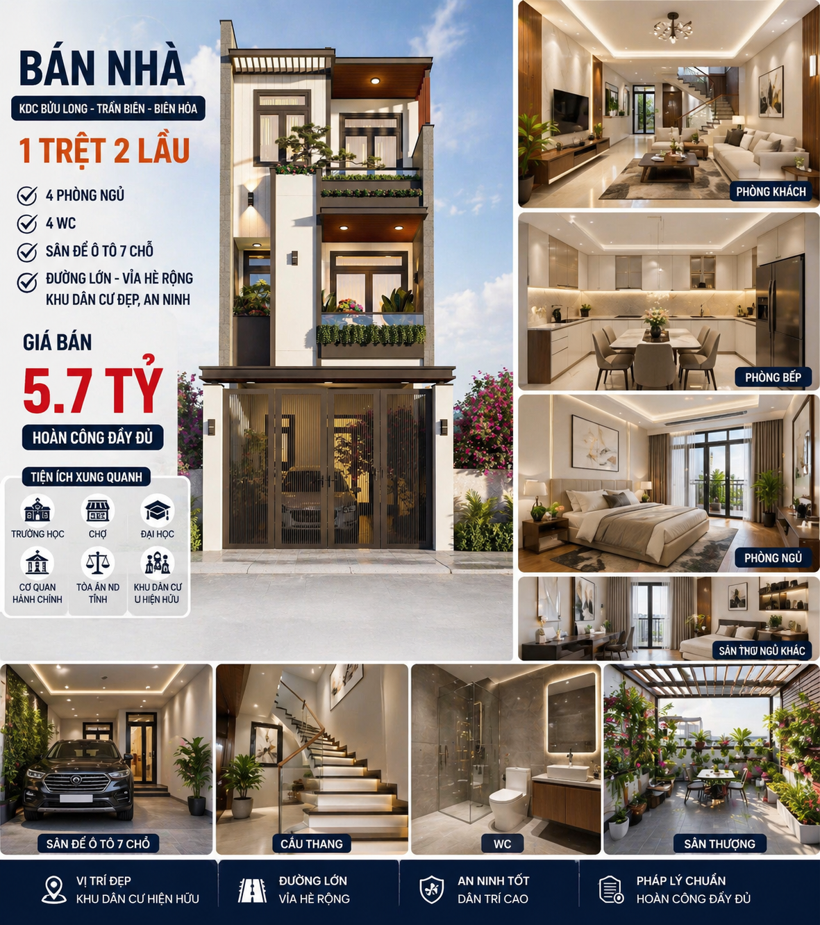 BÁN NHÀ PHƯỜNG BỬU LONG, 2 LẦU 1 TRỆT 3PN, SX HƠI, SỔ RIÊNG HOÀN CÔNG