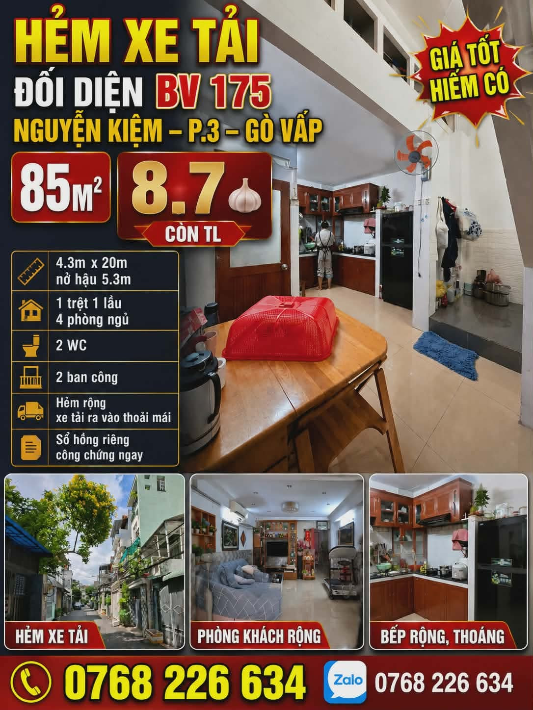 HẺM XE TẢI. ĐỐI DIỆN BV 175. NGUYỄN KIỆM, P.3, GÒ VẤP. 85M². 💰 8.7 🧄 CÒN TL. 📱 0768 226 634