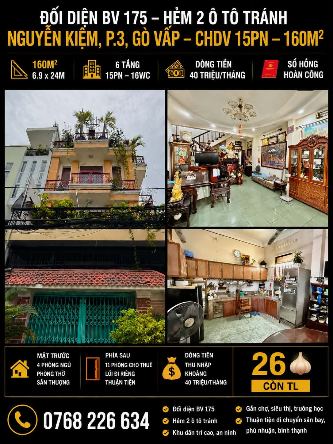 ĐỐI DIỆN BV 175. HẺM 2 Ô TÔ TRÁNH. NGUYỄN KIỆM, P.3, GÒ VẤP. CHDV 15PN. 160M². 💰26🧄 CÒN TL. 📱0768 226 634