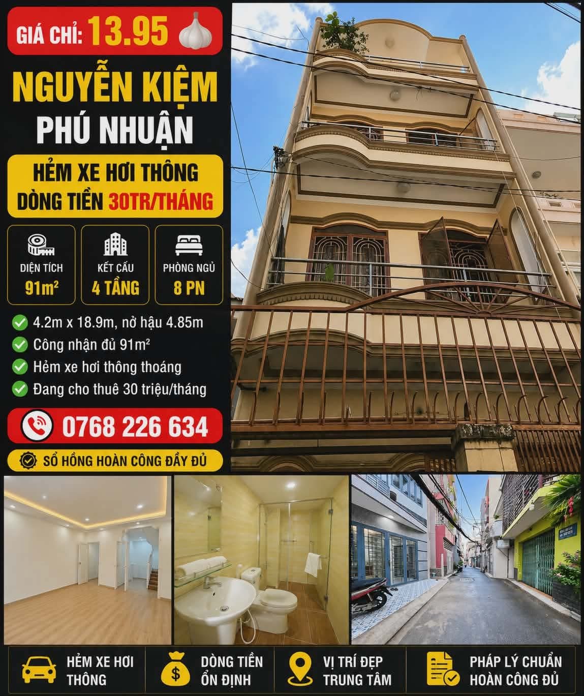 NGUYỄN KIỆM, PHÚ NHUẬN, HẺM XE HƠI THÔNG, DÒNG TIỀN 30TR THÁNG, 91M², 4 TẦNG, 8PN 💰13.95🧄