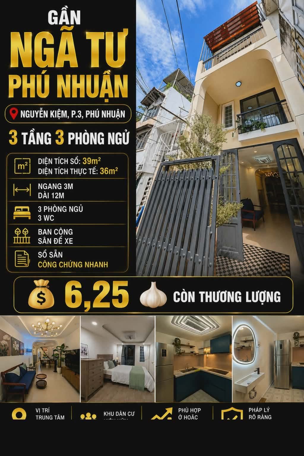 🏡 GẦN NGÃ TƯ PHÚ NHUẬN. NGUYỄN KIỆM, P.3, PHÚ NHUẬN. 3 TẦNG 3PN. 💰 6,25 🧄 CÒN TL. 📱 0768 226 634