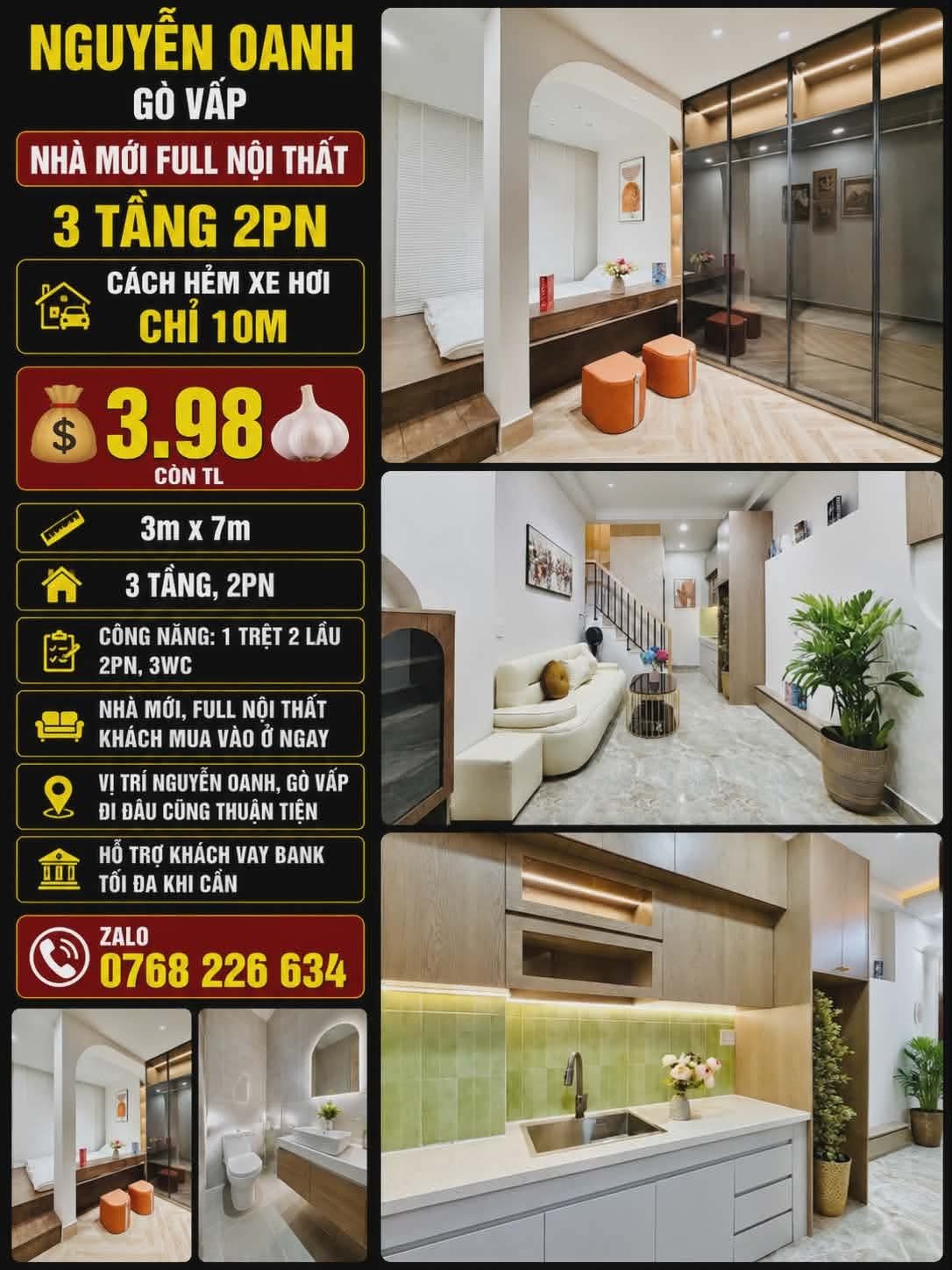 NGUYỄN OANH, GÒ VẤP, CÁCH HẺM XE HƠI 10M, NHÀ MỚI FULL NỘI THẤT, 3 TẦNG 2PN, 💰3.98🧄, 📱0768 226 634
