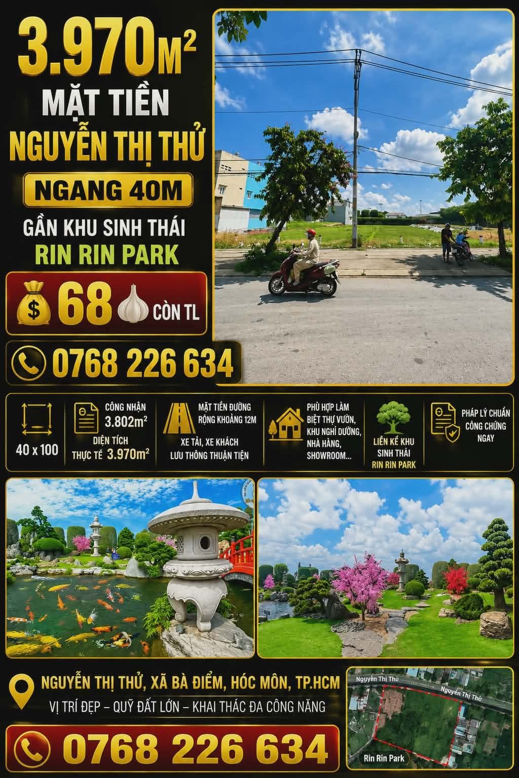 3.970M² MẶT TIỀN NGUYỄN THỊ THỬ. NGANG 40M. GẦN KHU SINH THÁI RIN RIN PARK. 💰 68 🧄 CÒN TL. 📱 0768 226 634