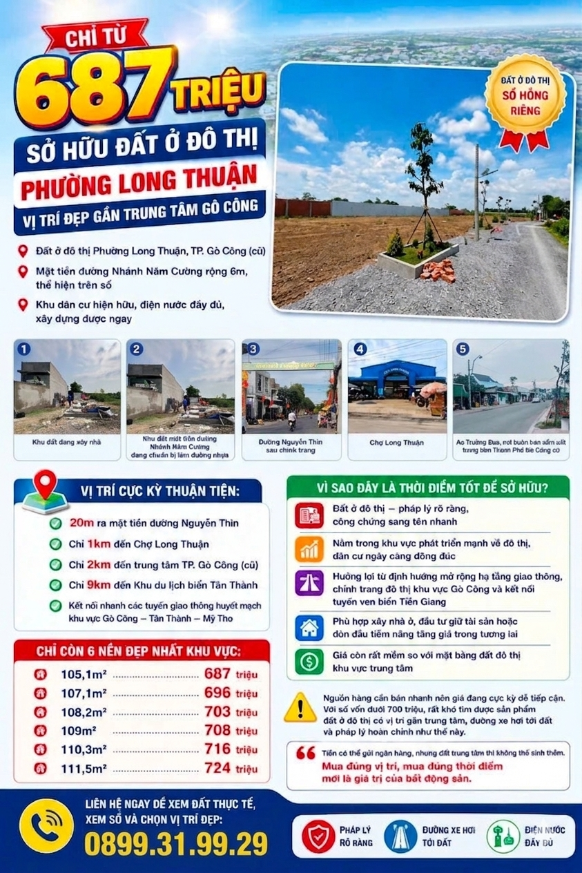 CẦN BÁN GẤP ĐẤT ĐÔ THỊ LONG THUẬN, GÒ CÔNG, GIÁ CHƯA ĐẾN 700 TRIỆU