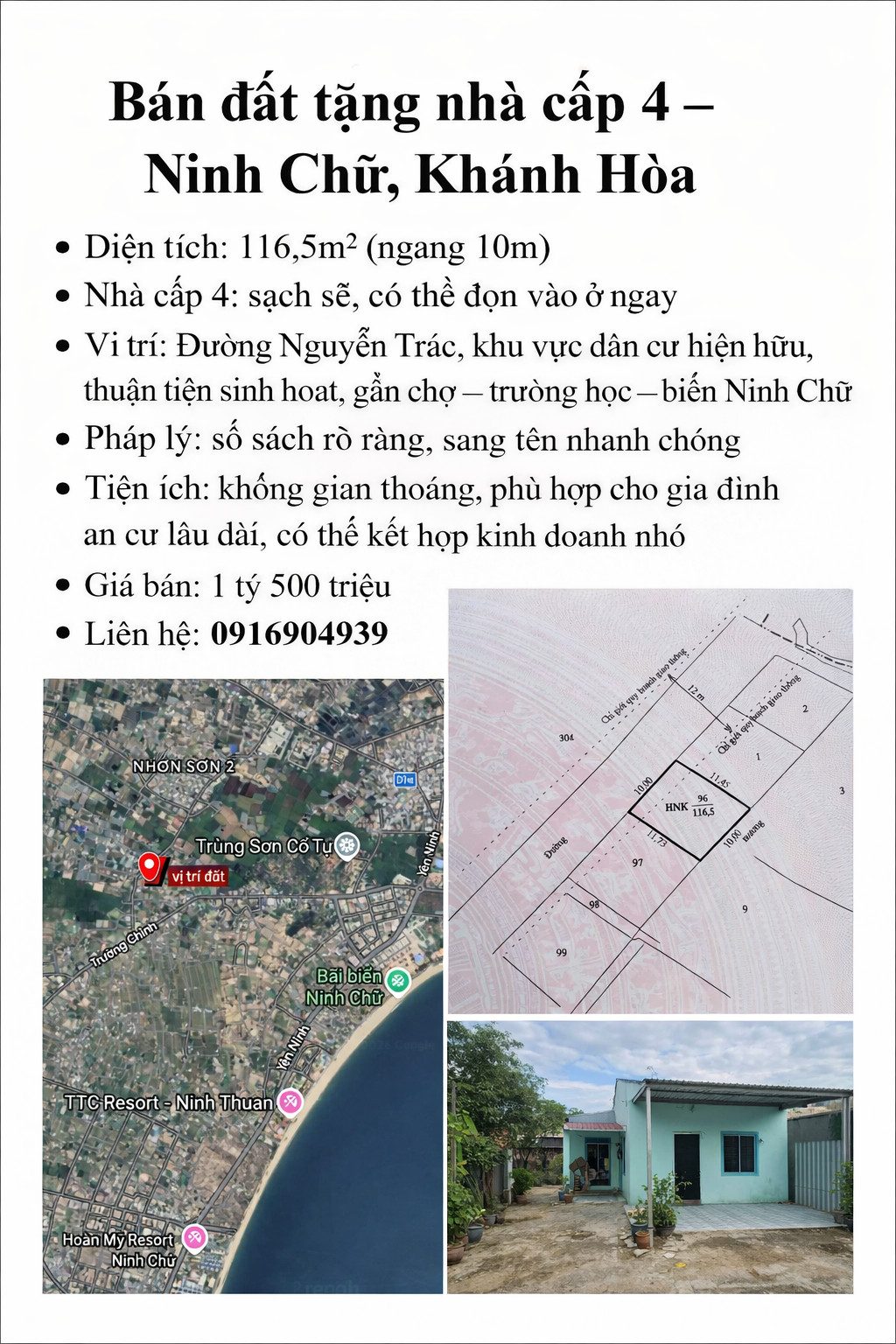 BÁN ĐẤT TẶNG NHÀ CẤP 4 116,5m² - NINH CHỬ - KHÁNH HÒA