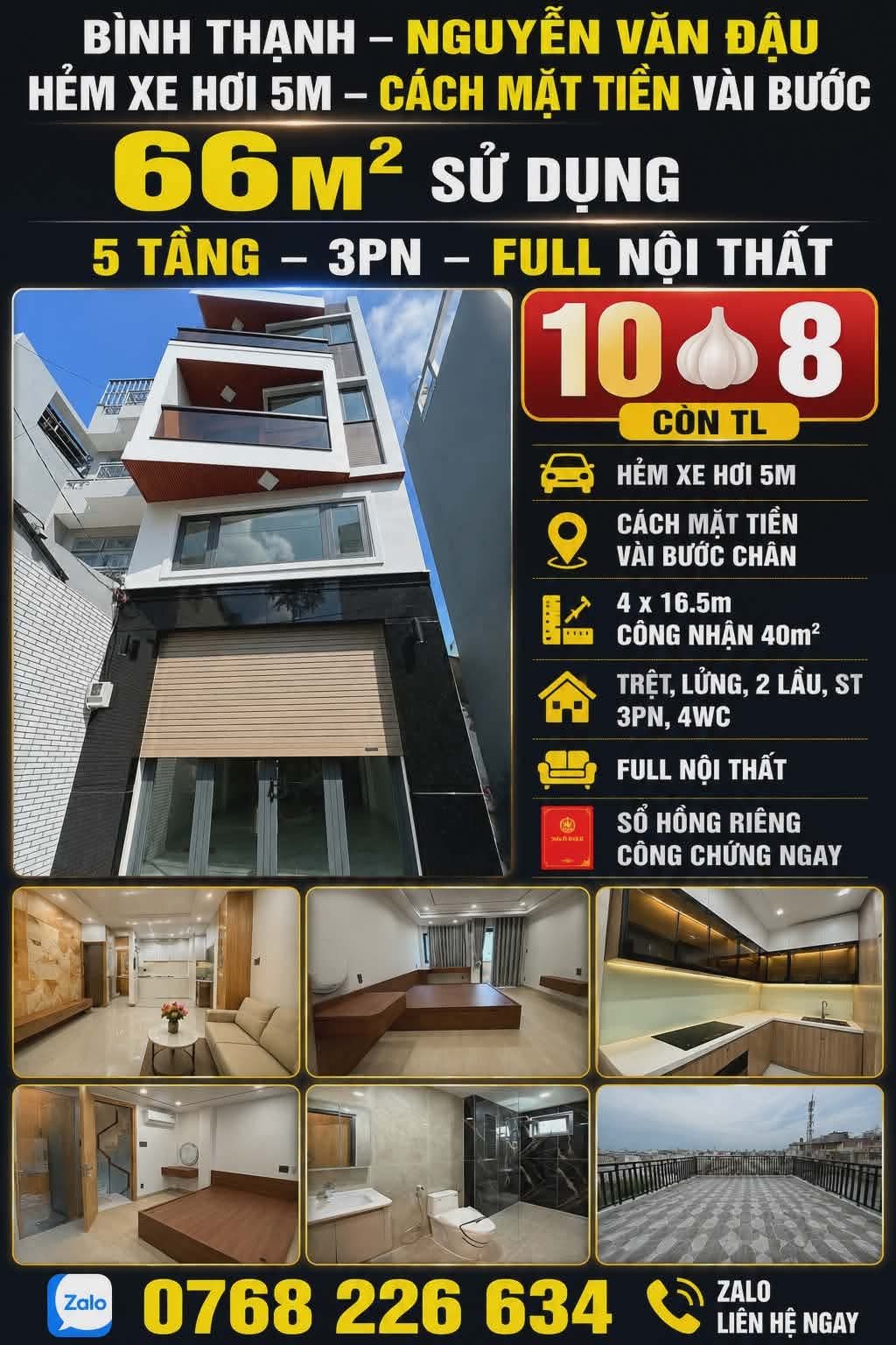 🍀 BÌNH THẠNH, NGUYỄN VĂN ĐẬU, HẺM XE HƠI 5M THÔNG, CÁCH MẶT TIỀN VÀI BƯỚC, 66M² SỬ DỤNG, 5 TẦNG, 3PN, FULL NỘI THẤT, 💰10🧄8