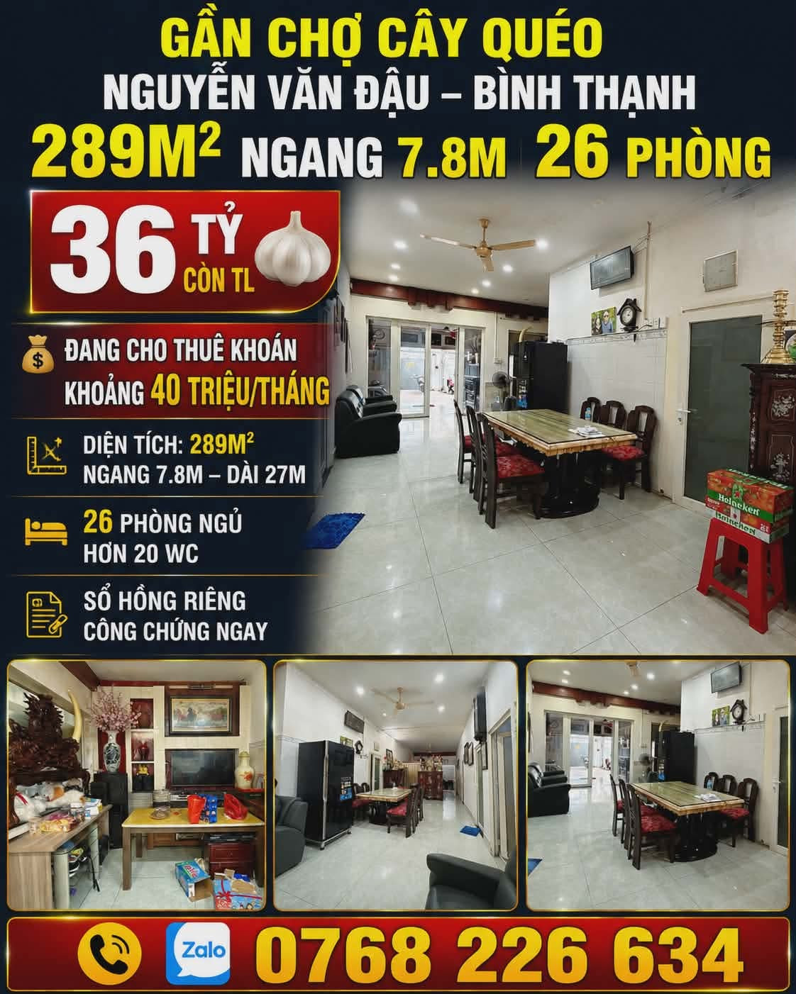 🍀 GẦN CHỢ CÂY QUÉO NGUYỄN VĂN ĐẬU 289M² NGANG 7.8M 26 PHÒNG 💰36🧄 📱0768 226 634