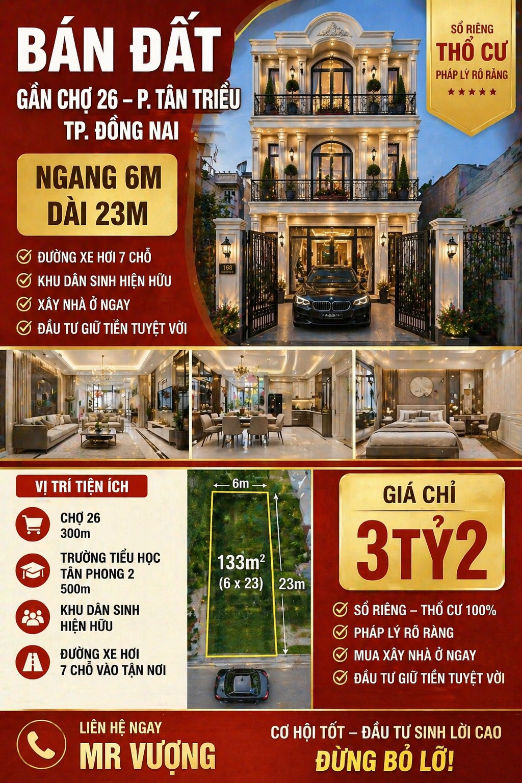 Bán đất sổ riêng thổ cư ngay gần chợ 26 cây xăng 26 Tân Phong Biên Hòa DT 6m*20m