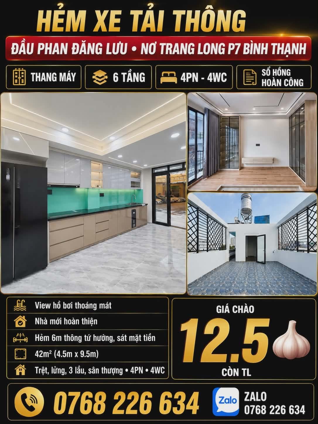 HẺM XE TẢI THÔNG • ĐẦU PHAN ĐĂNG LƯU • NƠ TRANG LONG P7 BÌNH THẠNH • THANG MÁY • 6 TẦNG • 4PN • 💰 12.5🧄 • 📱 0768 226 634