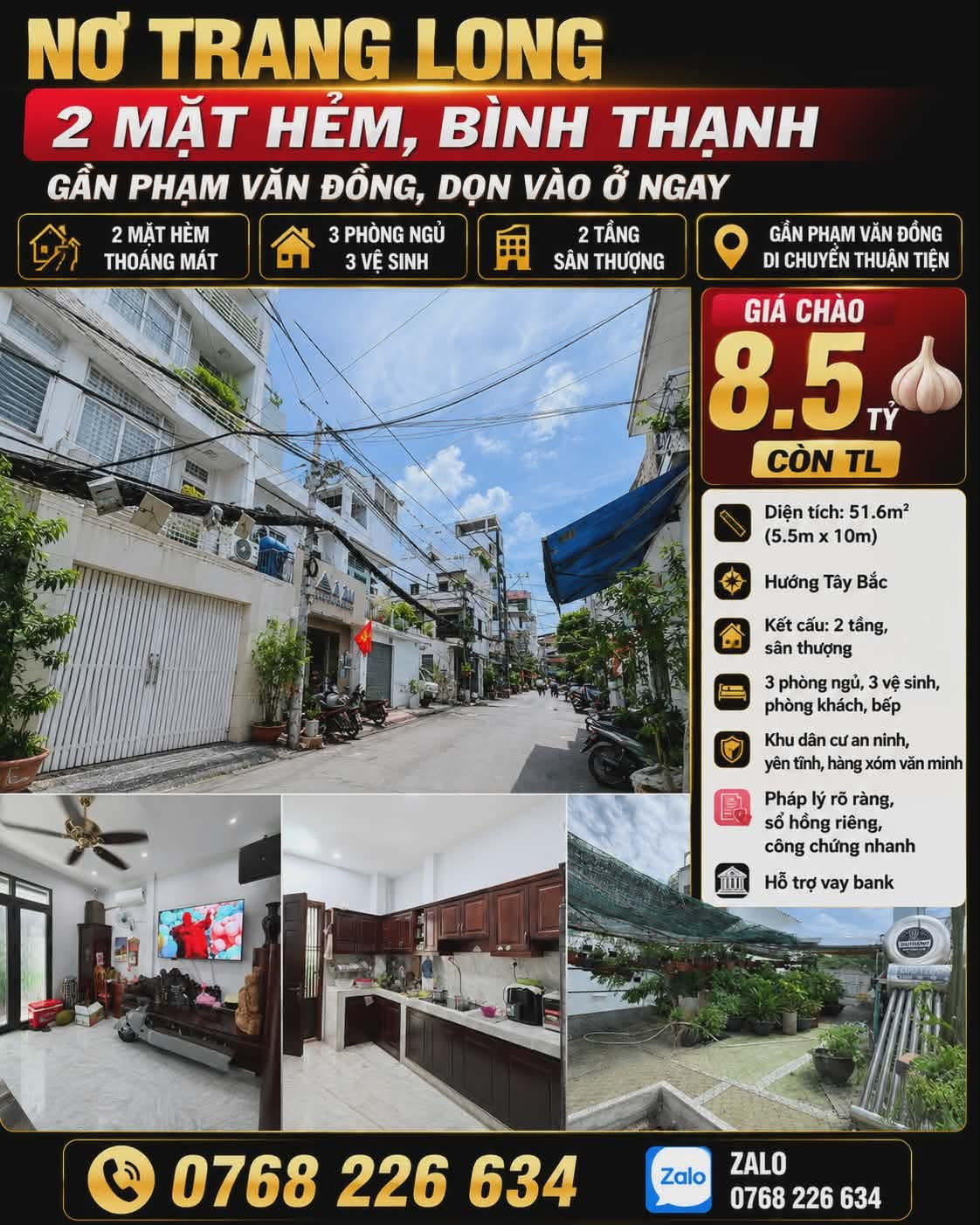 🍀Giảm hẳn 300 Tẹo  BÌNH THẠNH, NƠ TRANG LONG, 2 MẶT HẺM, GẦN PHẠM VĂN ĐỒNG, 3PN, 💰 8.5🧄
📱 Zalo 0768 226 634