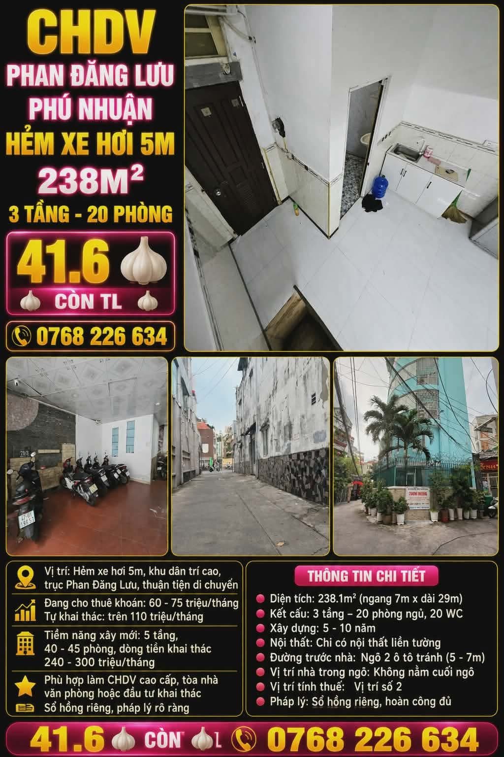 CHDV PHAN ĐĂNG LƯU, PHÚ NHUẬN. HẺM XE HƠI 5M. 238M². 3 TẦNG. 20 PHÒNG. 💰41.6🧄 CÒN TL. 📱0768 226 634

💰 41.6🧄 còn TL
📱 0768 226 634