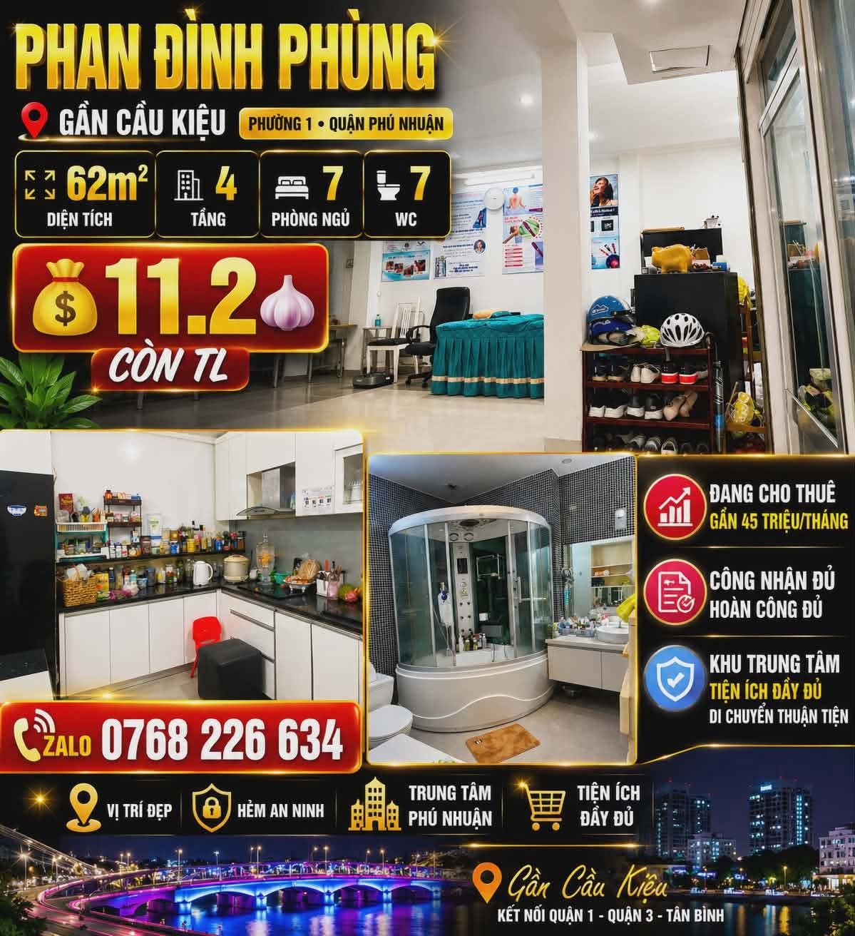 🍀 PHÚ NHUẬN PHAN ĐÌNH PHÙNG GẦN CẦU KIỆU 62M² 7PN 💰 11 🧄 2 📱 0768 226 634