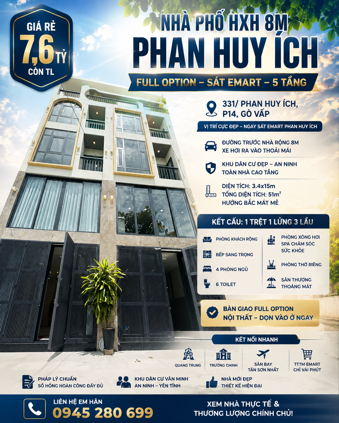 GẤP!BÁN NHÀ HXH 8M PHAN HUY ÍCH P14 3.5X15 CN 51M2 FULL OPTION 5T 4PN SÁT EMART GIÁ 7,6 TỶ TL