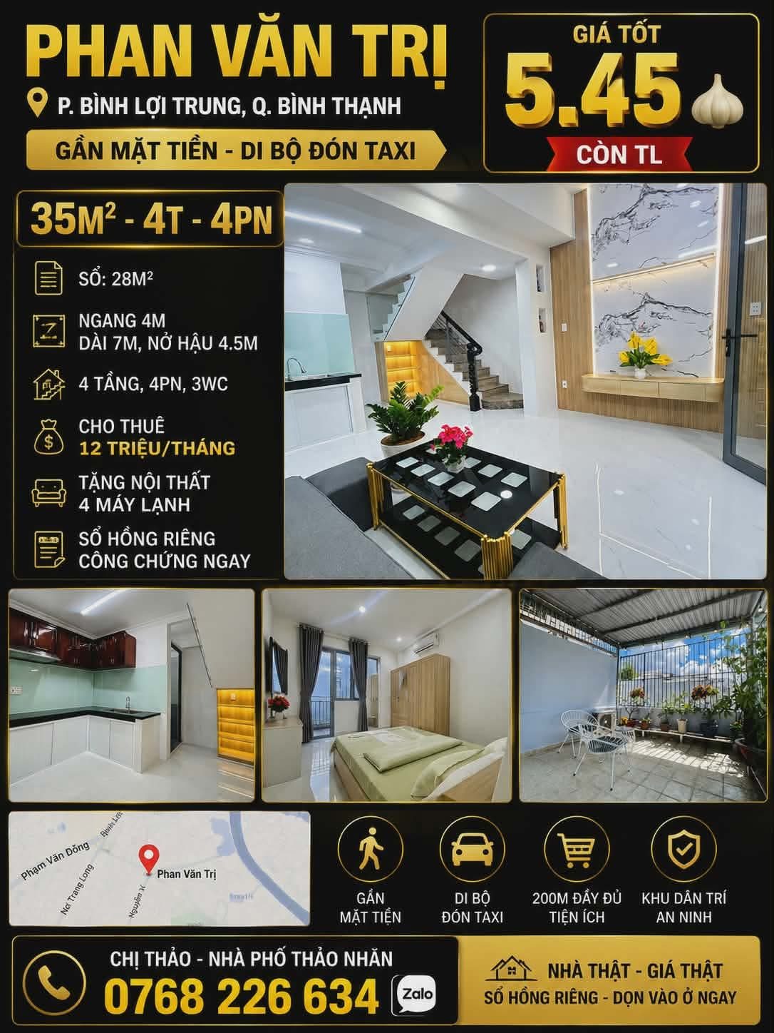PHAN VĂN TRỊ, BÌNH LỢI TRUNG, BÌNH THẠNH. GẦN MẶT TIỀN. 35M². 4T. 4PN. 💰 5.45 🧄 CÒN TL. 📱 0768 226 634