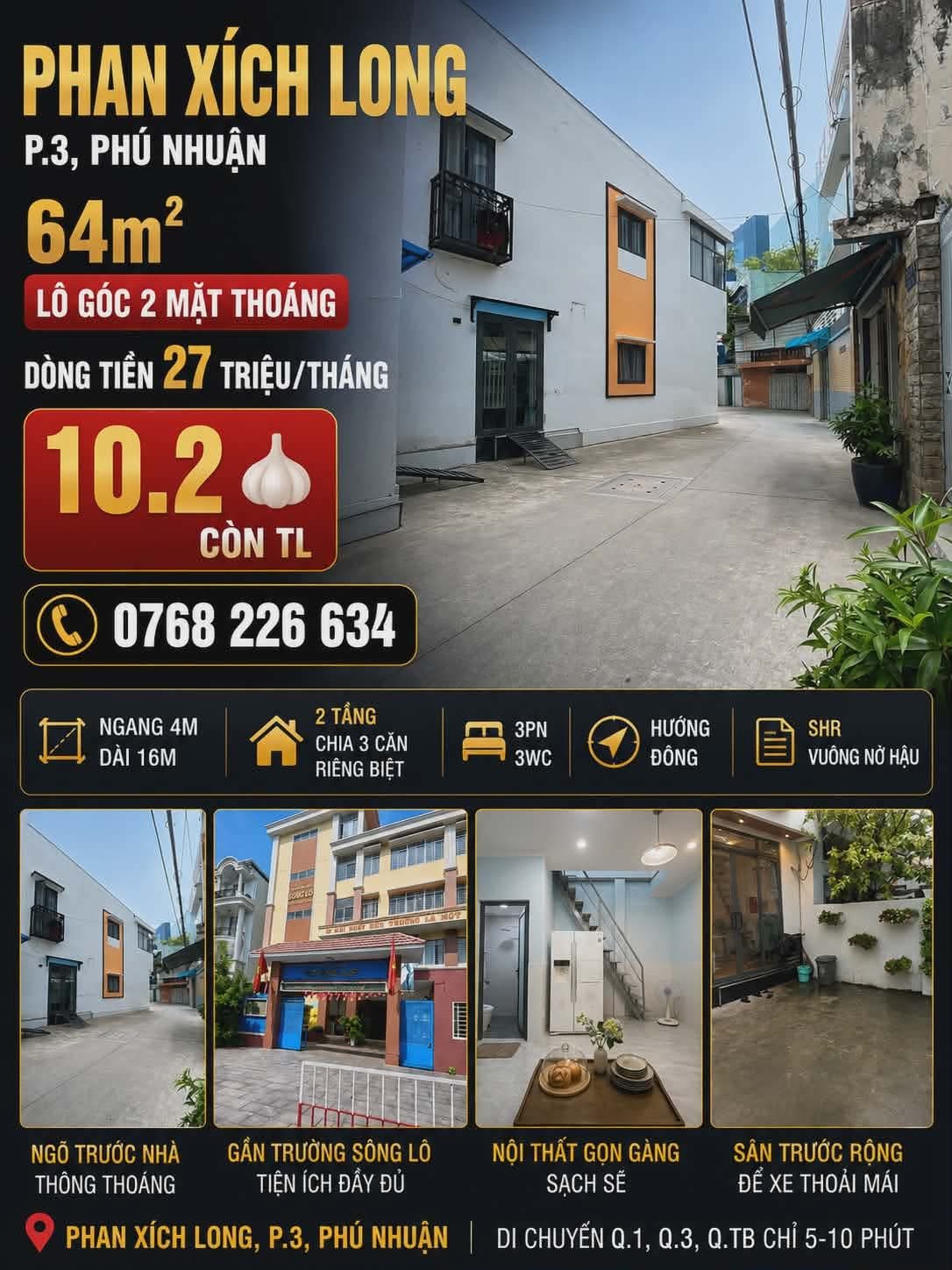 📍 Phan Xích Long, P.3, Phú Nhuận. 64m² lô góc 2 mặt thoáng. Dòng tiền 27 triệu/tháng. 💰10.2🧄 còn TL 📱0768 226 634