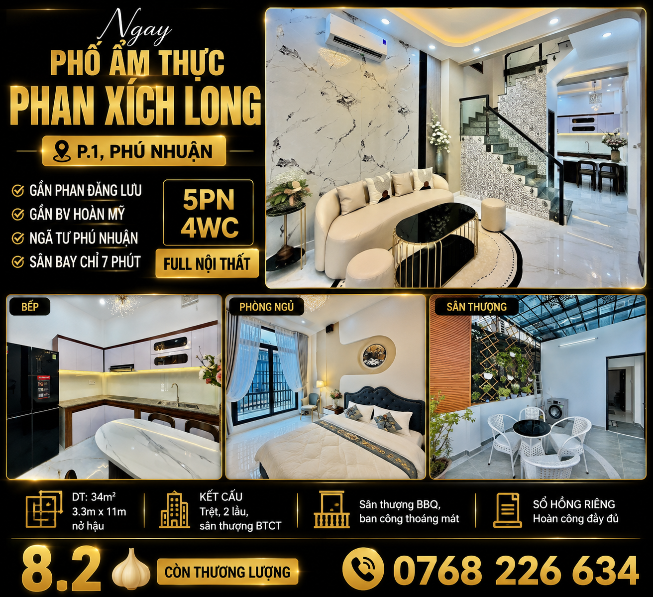 NGAY PHỐ ẨM THỰC PHAN XÍCH LONG, P.1, PHÚ NHUẬN. 5PN 4WC FULL NỘI THẤT.