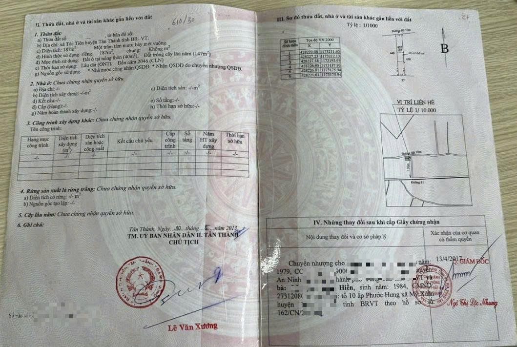 Bán Đất 187m2 có sẵn 40 m2 thổ cư giá 3 tỷ tại Đường  Phú Mỹ - Tóc Tiên Xã Tóc Tiên Thành phố Phú Mỹ Bà Rịa - Vũng Tàu