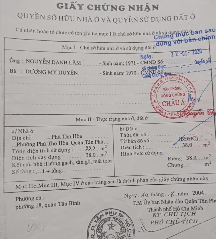 Bán Nhà riêng 38m2 giá 3.6 tỷ tại Phường Phú Thọ Hòa TP. Hồ Chí Minh