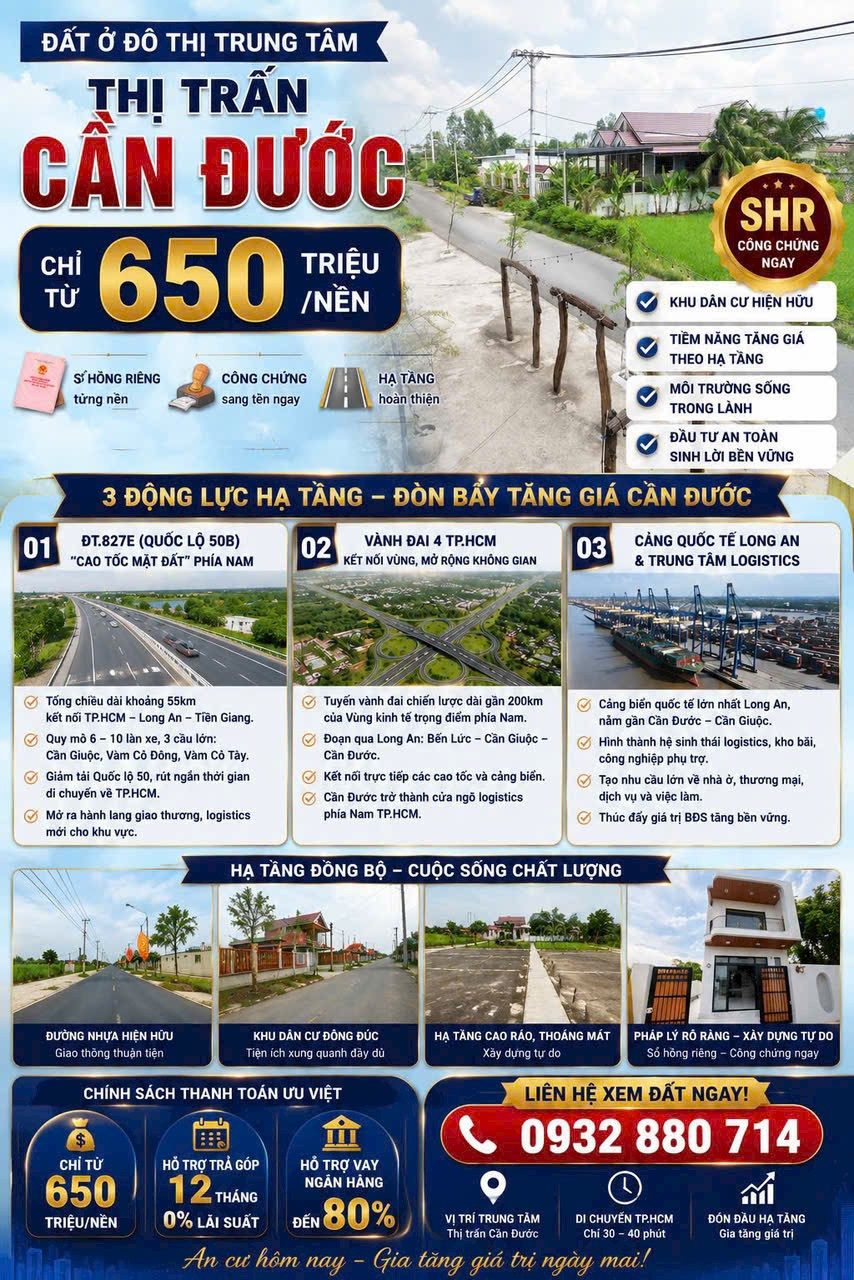 🏆 ĐẤT Ở ĐÔ THỊ TRUNG TÂM THỊ TRẤN CẦN ĐƯỚC
💰 CHỈ TỪ 650 TRIỆU/NỀN – SỔ HỒNG RIÊNG