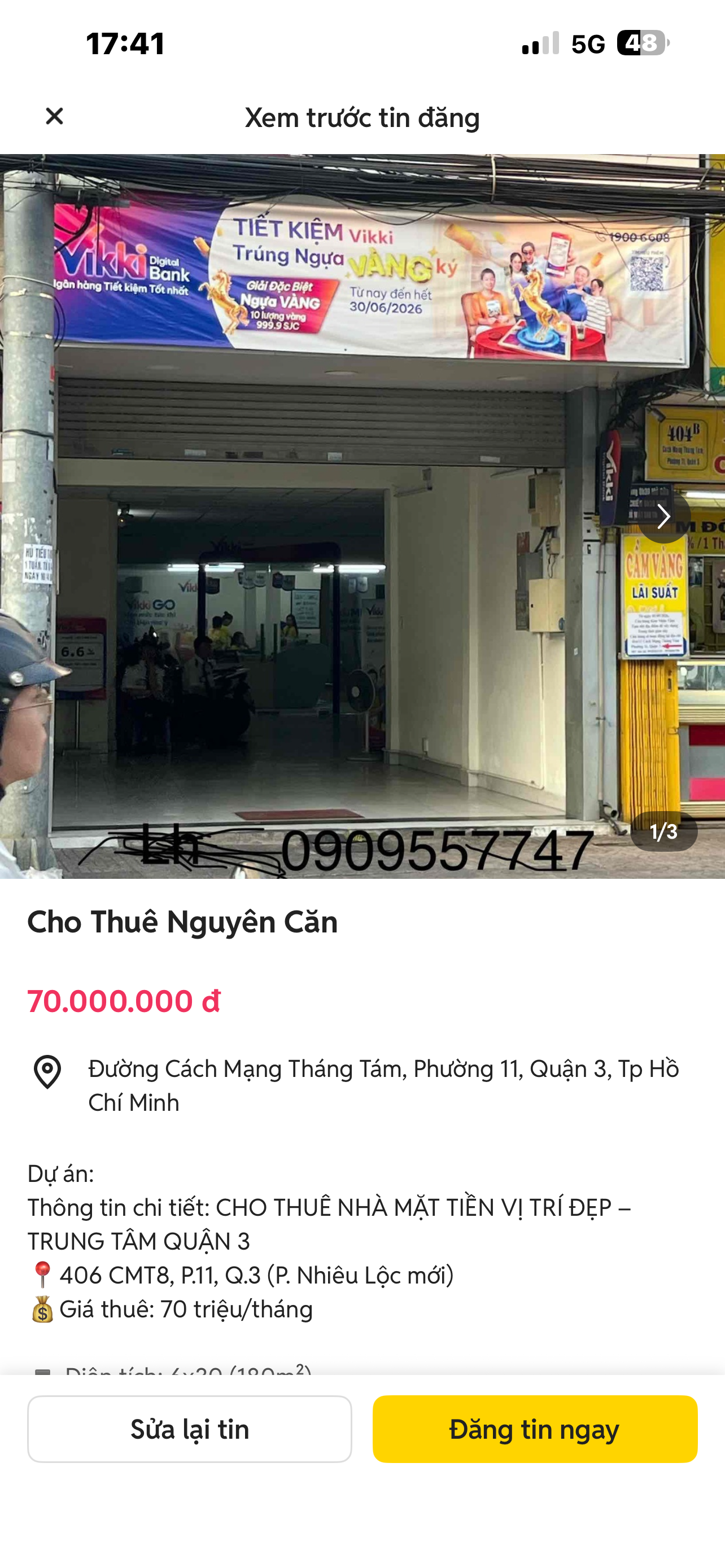 Cho thuê nguyên căn mặt tiền đường cmt8