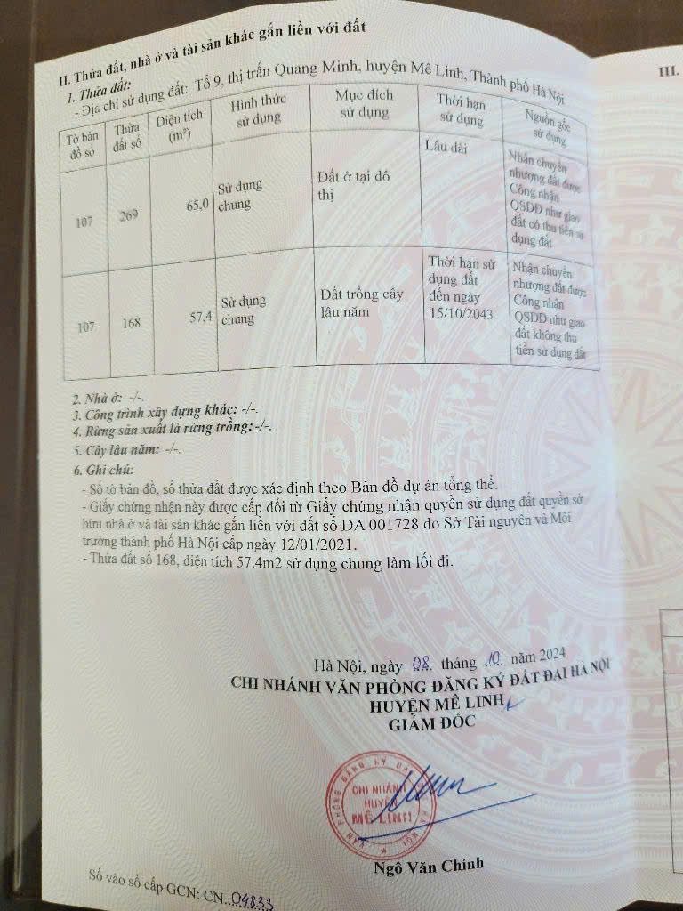 TỔ 10 QUANG MINH MÊ LINH 65M 2 MẶT TIỀN GIÁ 4,X TỶ.FULL TC,LH E QUANG LV CC