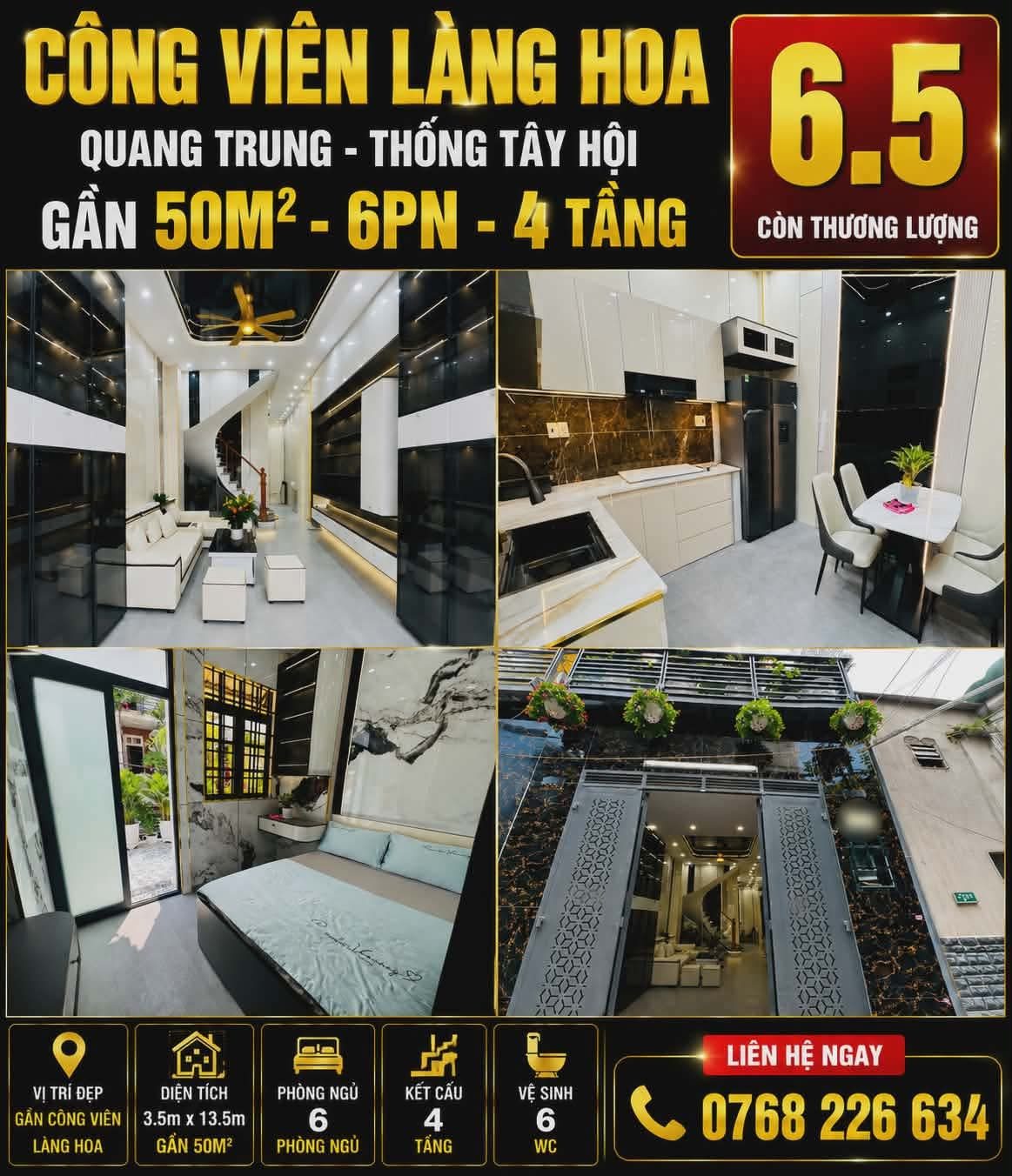 CÔNG VIÊN LÀNG HOA • QUANG TRUNG • THỐNG TÂY HỘI • GẦN 50M² • 6PN 4 TẦNG • 💰 6 🧄 5 • 📱 0768 226 634