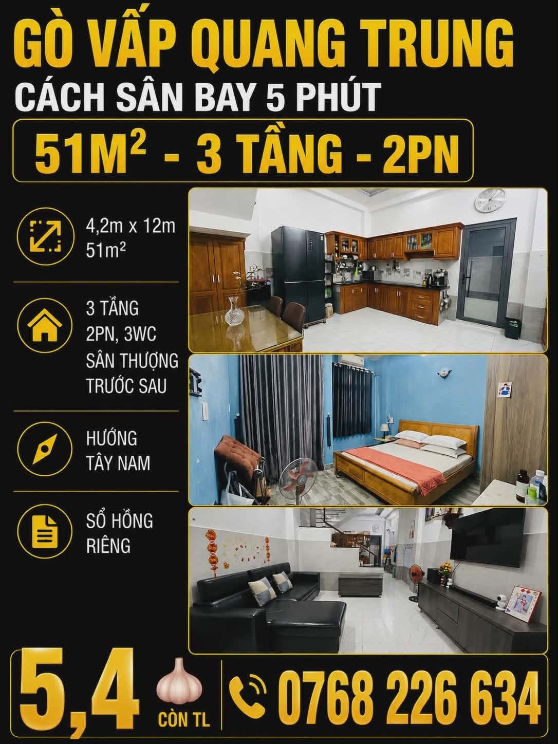 GÒ VẤP QUANG TRUNG CÁCH SÂN BAY TSN 5 PHÚT 51M² 3 TẦNG 2PN 💰 5 🧄 4 📱 0768 226 634