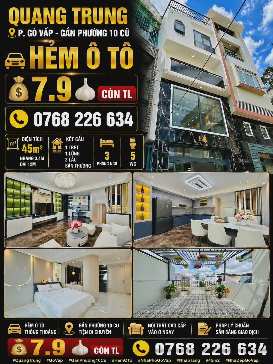 QUANG TRUNG, GÒ VẤP. GẦN PHƯỜNG 10 CŨ. HẺM Ô TÔ. 45M². 💰7.9🧄 CÒN TL. 📱0768 226 634