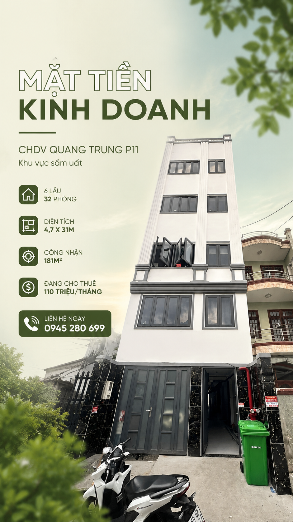 Nhỉnh 92tr/m2 CHDV HXH 579 Quang Trung P11 4,7x31 CN 181m2 ĐCT 110tr/thg giá 18 tỷ TL